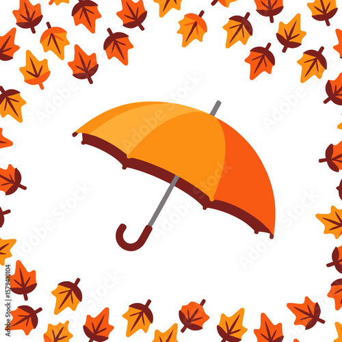 Autumnal Umbrella Scene-Orange Umbrella Surrounded by Fall Leaves-Seasonal Weather Protection-Celebrate Fall-Vibrant Colors-Cute Seasonal Image