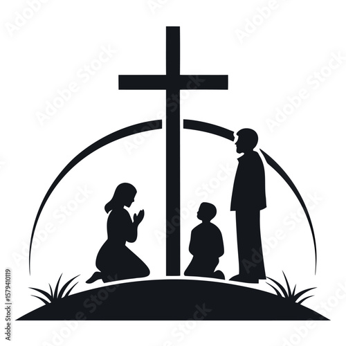 Family Kneeling in Prayer Under the Christian Cross Faith and Spirituality Symbol