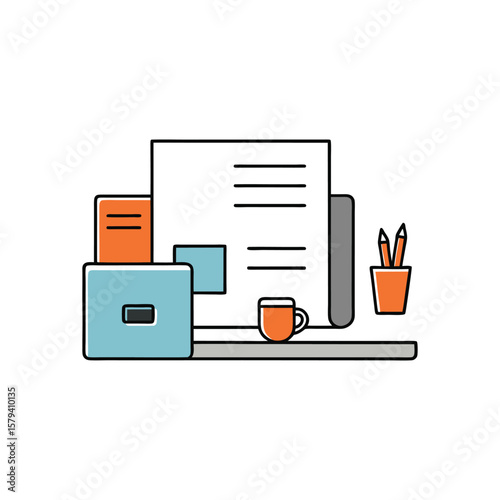 Vector art of a tidy office desk with computer and documents on white background