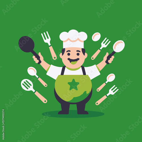 Cartoon Chef Illustration on Green Background- Fun Kitchen Design- Chef with Utensils- Restaurant Artwork- Culinary Concept- Cooking Image for Recipes or Food Blogs