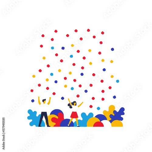 Celebrating Success with Confetti-Joyful Illustration of Man and Woman Cheering Under Colorful Confetti Shower-Vector Graphic for Celebrations