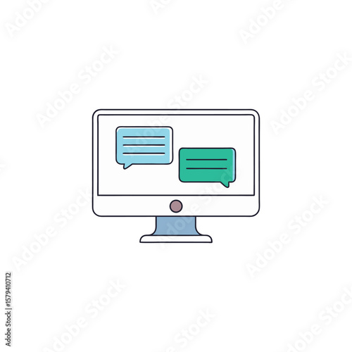 Vector art of a computer monitor displays two speech bubbles isolated on white background