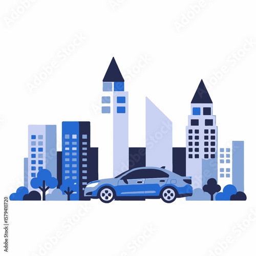 City Car Illustration-Modern Urban Transport-Automotive Design-Blue Sedan in Cityscape-Transportation Graphics-City Life with Cars