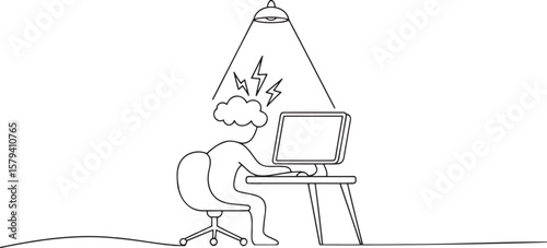 Workplace Frustration Cloud and Lightning Above Head Depicts Stress Discomfort and Annoyance While Working Online at the Computer in the Office