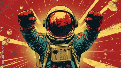 Astronaut soaring through space, celebrating a triumph