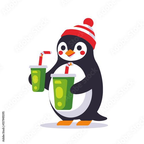 Cute Penguin Illustration-Penguin Wearing Hat with Drinks-Adorable Penguin Character Holding Beverages-Cartoon Penguin with Straws-Fun Penguin Artwork