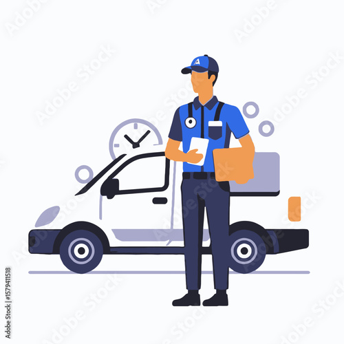 Delivery Man with Van Illustration-Fast Shipping Services-Professional Courier Delivering Packages on Time-Reliable Delivery Company-Modern Delivery Concept