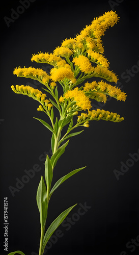 Goldenrod Flower on Dark Background A Vibrant Bloom of Late Summer and Autumn in Natural Light