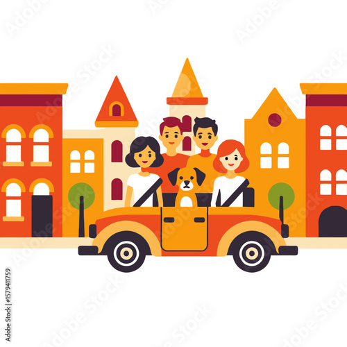 Family Road Trip Illustration-Cartoon People and Dog in Car-Bright Colorful Buildings-Travel Adventure-City Exploration-Vector Art-Happy Vacation