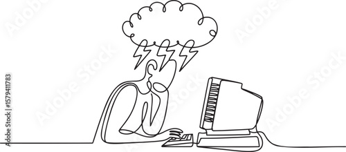 Troubled by Technology Continuous Line Art Illustration of Frustration and Overwhelm in the Digital Age Minimalist Black and White