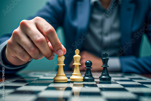 A hand moves a pawn on a chessboard during a strategic game of chess