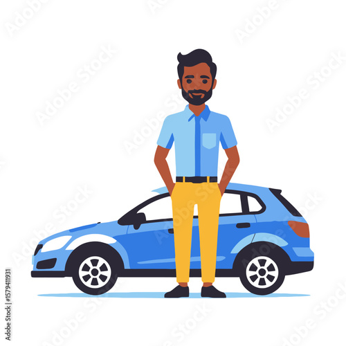 Happy Car Owner-Man Standing Proudly Next to His New Blue Car-Image of a Smiling Driver-Car Ownership and Happiness-Buying a Vehicle and Enjoying It-Joyful Car Illustration