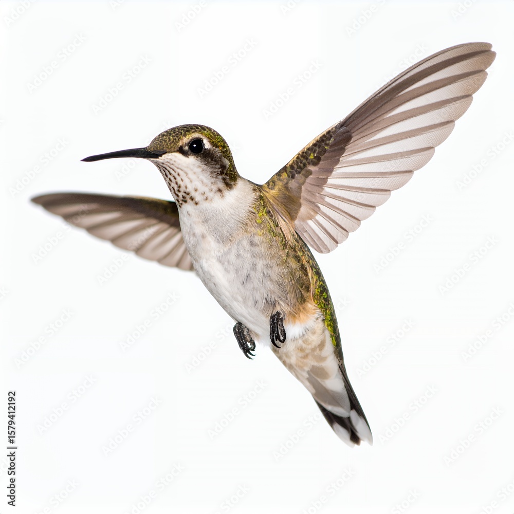 Fototapeta premium Hummingbird showcasing iridescent plumage midflight, capturing nature's elegance on white background