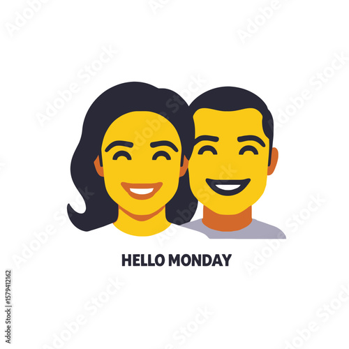 Hello Monday-Start your week with a smile-Cheerful couple illustration-Motivational Monday vibes-Positive energy for the work week-Happy people celebrating Monday