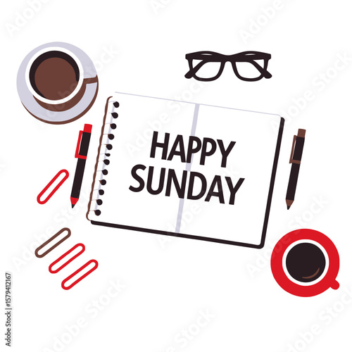 Happy Sunday Coffee Break- Relaxing Sunday Morning With Coffee- Planner & Pens- Stylish Workspace- Weekend Vibes- Cozy Coffee Cup- Sunday Goals- Get Motivated