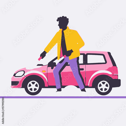 Man Clearing Snow from Car Illustration - Winter Car Care Tips - Staying Safe on the Road in Snowy Conditions - Vector Art of Snow Removal