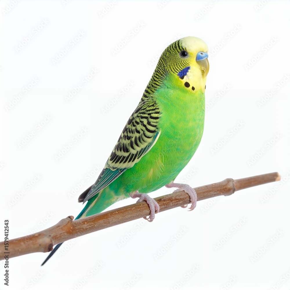 Fototapeta premium Vibrant green budgerigar perched gracefully on a branch, showcasing its brilliant plumage on white background