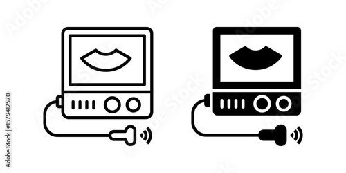Ultrasound Machine icon set. A minimalist line drawing illustration of an ultrasound machine, a diagnostic equipment used in medicine. Available in black and white.