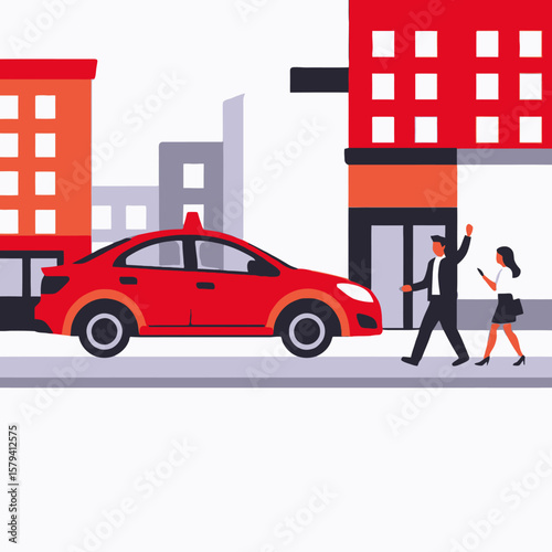 Red Taxi Illustration- City Street Scene with People- Calling a Ride- Transportation Concept- Urban Lifestyle- Modern Flat Design- Commuting in the City