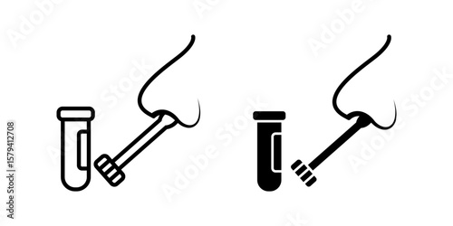 Swab icon set. A minimal style illustration of a nasal swab being performed, with both outline and solid versions included.