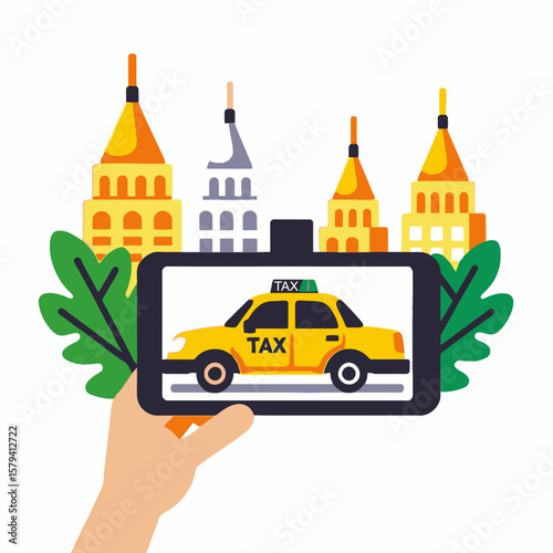Taxi App Concept-Hand Holding Phone with Yellow Cab-City Skyline in Background-Modern Transportation-Ride Sharing-Urban Travel-Mobile Booking-Convenient Commute