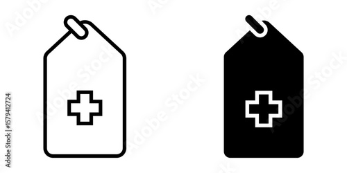 Tag icon set. A simple and clean illustration of a medical cross symbol on a tag icon in minimalist outline and solid color style, perfect for health care and pharmaceutical related designs.