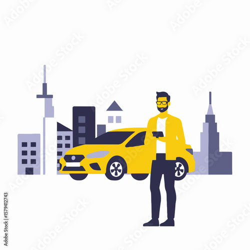Taxi Service App Concept Illustration-Modern Man Using Smartphone with Yellow Car-Cityscape Background for Transportation Solutions-Mobile Booking App Design