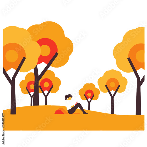 Woman reading in autumn park- Enjoying nature and books- Fall season reading relaxation- Serene outdoor reading setting- Autumn themed vector art_