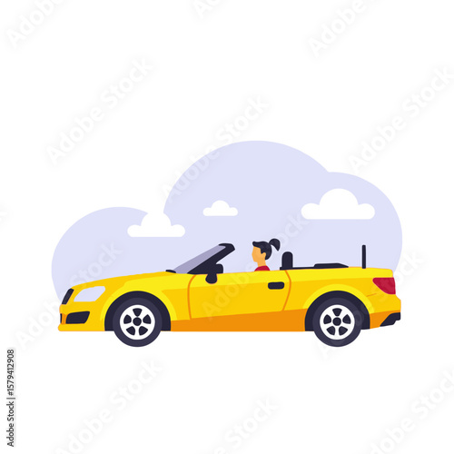 Woman driving a yellow convertible car- Road trip adventure illustration- Enjoying summer vibes with open-top vehicle- Modern automotive design with a cheerful driver