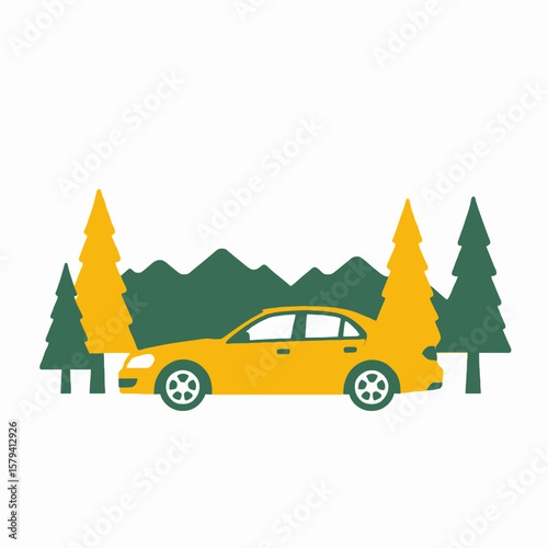 Yellow Car Road Trip Illustration-Adventure Vehicle in Nature-Scenic Mountain Drive-Travel Inspiration-Automotive Art-Graphic Design-Car Illustration-Mountain Landscape