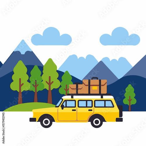 Yellow Car Road Trip Illustration- Mountains Trees and Luggage- Adventure and Travel Concept- Explore the Outdoors with this Cute Graphic Style Image