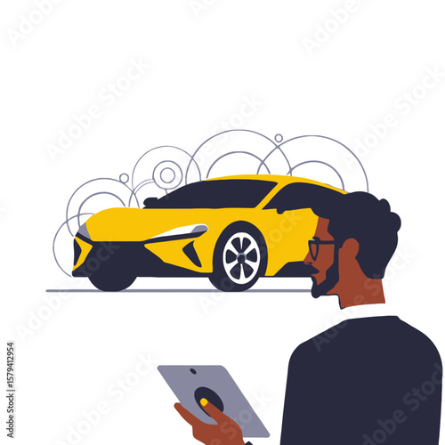Yellow Sports Car Design-Man with Tablet-Automotive Tech Concept-Luxury Vehicle Illustration-Modern Car Aesthetics-Digital Automotive Management