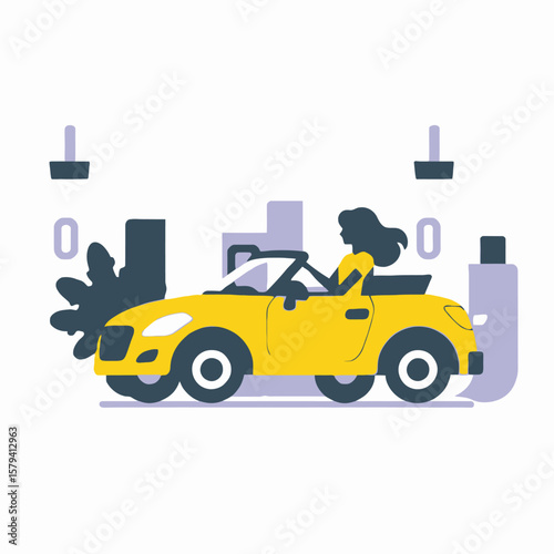 Yellow Convertible Car Illustration-Woman Driver-Cityscape Background-Modern Design-Automotive Graphic-Transportation Art-Urban Lifestyle-Stylish Vehicle-Road Trip Concept
