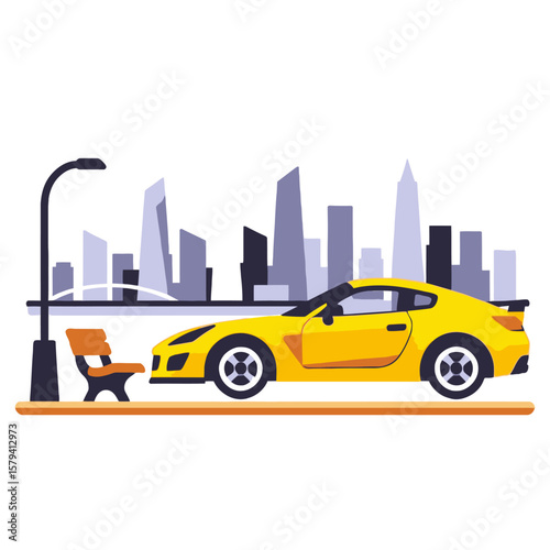 Yellow Sports Car Illustration-Cityscape Background-Park Bench and Streetlight-Automotive Design-Modern Transportation-Urban Scene-Car Enthusiast Art