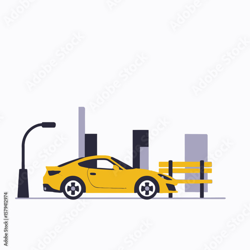 Yellow Sports Car in Cityscape Illustration - Modern Vehicle Design with Urban Background - Sleek Automobile Art for Transportation Concepts-Street Scene