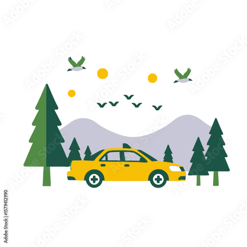 Yellow Taxi Cab in Nature Scene Illustration-Taxi Service with Mountains and Birds-Transport Illustration for Designs and Artwork-Explore Scenic Route by Taxi