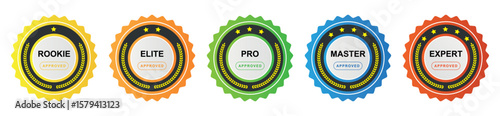 Colorful badge set featuring labels: Rookie, Elite, Pro, Master, and Expert. Ideal for ranking systems, certifications, achievements, and gaming level indicators. Vector illustration.