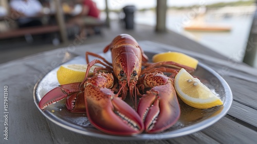 Fresh lobster on a plate, ready to eat, with lemon slices, on a wooden outdoor patio