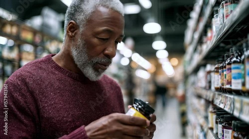 Mature man closely examining bottle of supplements, focused on making right health choice. Thoughtful approach to wellness and trust in supplements as part of healthy routine. Health concept