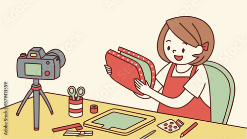 Young woman creating a craft project while recording a video with a camera on a tripod on a yellow table