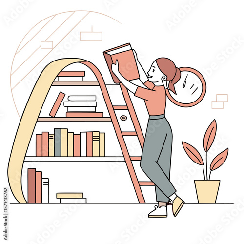 A woman on a ladder placing a book on a shelf filled with books next to a potted plant and a mirror