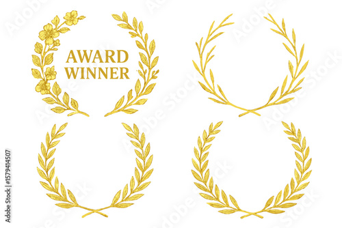 Set of golden laurel wreath elements. Award winner emblem and floral wreath. Victory icon for champion or success. Circular frame for certificate or diploma. Classic design.