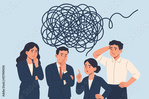 Business team thinking on difficult problem. Confused people with tangled thoughts. Chaos and mess in mind. Metaphor of challenge, misunderstanding and brainstorming process.