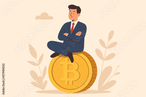 Bitcoin hodl concept. Businessman investor holding crypto currency for long term investment. Calm crypto trader believing in blockchain technology and financial freedom success.