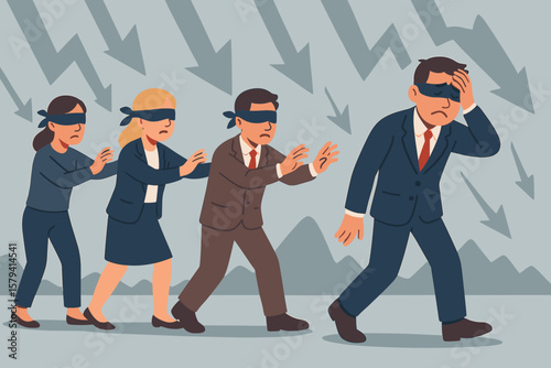 Blindly following leader concept. Business team in blindfolds walking into crisis. Metaphor for mismanagement, wrong direction, failure, mistake, risk, and corporate error.