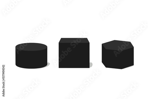 Black geometric podiums set for product presentation. Realistic 3D vector pedestals. Minimalist blank stands in round, square, and hexagon forms. Mockup column platform.