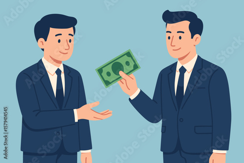 Businessman giving money. Borrow money from friend. Debt and loan concept. Credit and lending illustration. Incentive or bonus payment. Financial help. Modern flat vector.