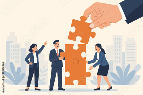 Build your team concept. Leadership to develop teamwork. Business partners cooperate and collaborate for success. Giant hand connecting last jigsaw puzzle piece for a solution.