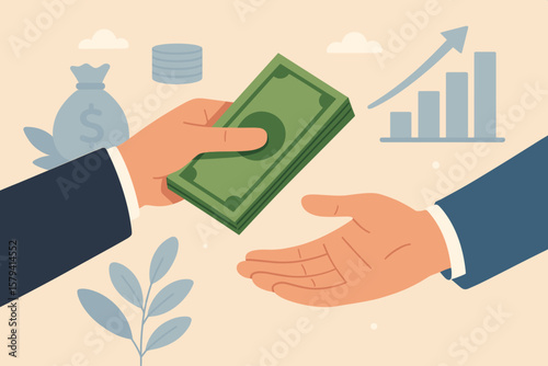Hand giving money to another. Loan, debt, and credit concept. Financial investment, salary payment, or bonus incentive. Business growth and success vector illustration.