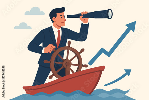 Business leadership visionary leading company to success. Career direction and work achievement concept. Smart businessman boat captain controlling steering wheel for growth.